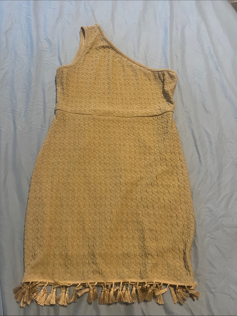 One-Shoulder Tan Fringe Knit Dress